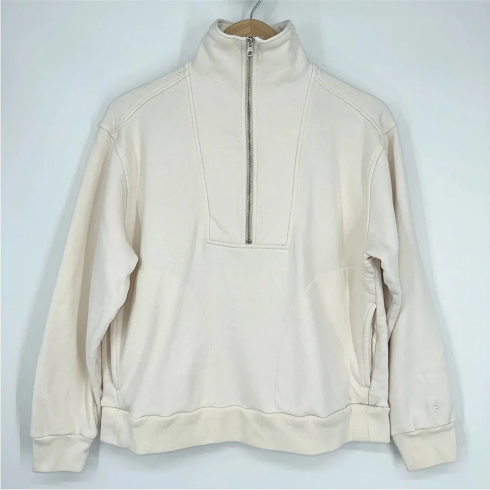 EVERLANE Track Half Zip Organic Cotton Sweatshirt Pullover Bone White - Picture 3 of 12